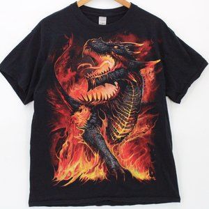 Vintage Spiral Shirt Mens Black Short Sleeve Red Medieval Dragon Cotton Size Lar